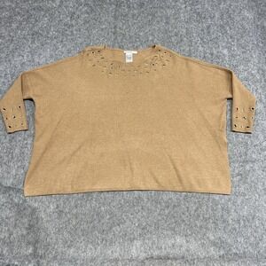 Chicos Sweater Womens S/M Tan Grommet Eyelet Embellished Crewneck 3/4 Sleeve
